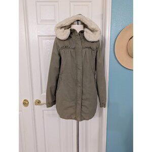 Roxy Coat Faux Fur Hooded Army Green Drawstring Pocket Sz 8 ( Snug) / 6 (Loose)